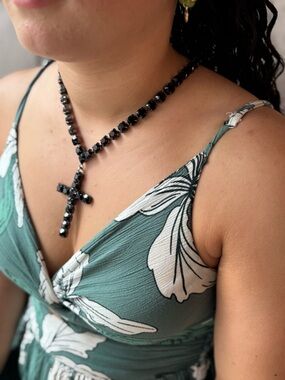 Vintage Graziano Black Glass Crystal Cross Necklace